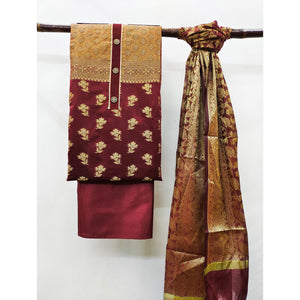Maroon Floral Woven Banarasi Silk Dress Material