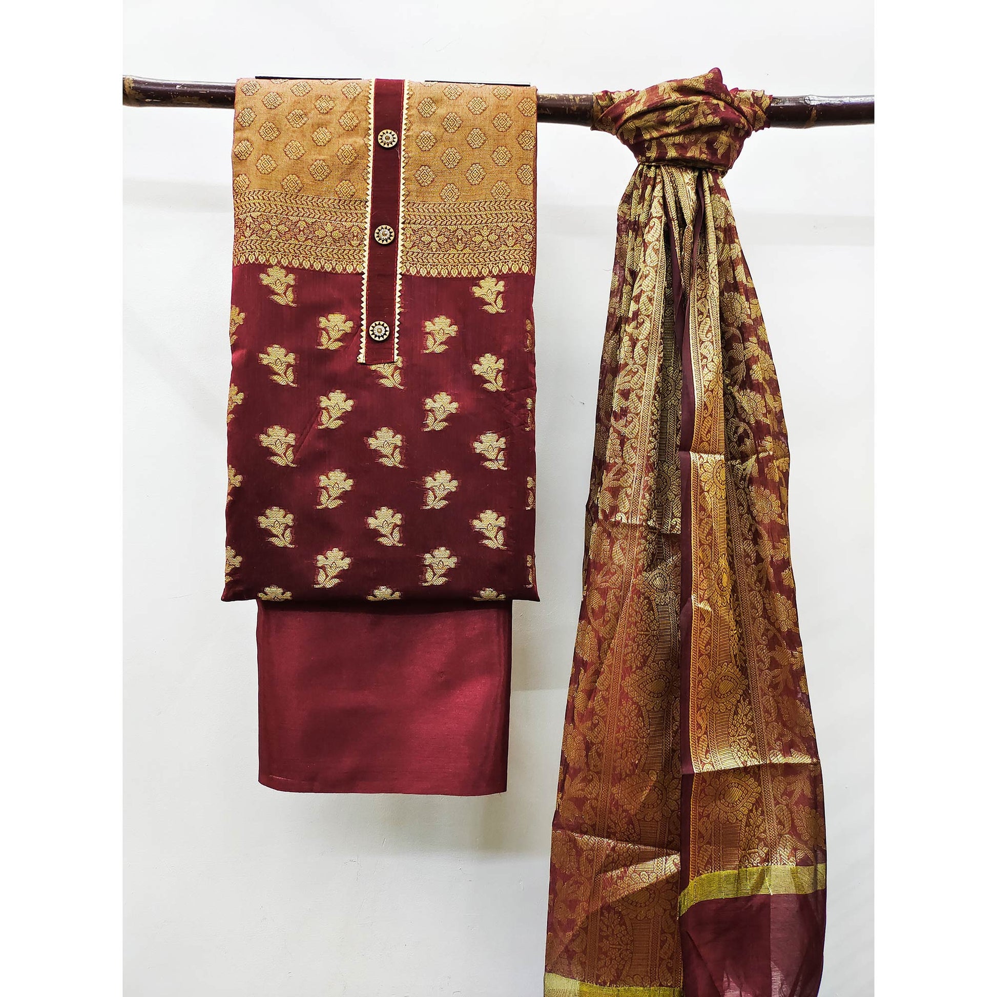 Maroon Floral Woven Banarasi Silk Dress Material