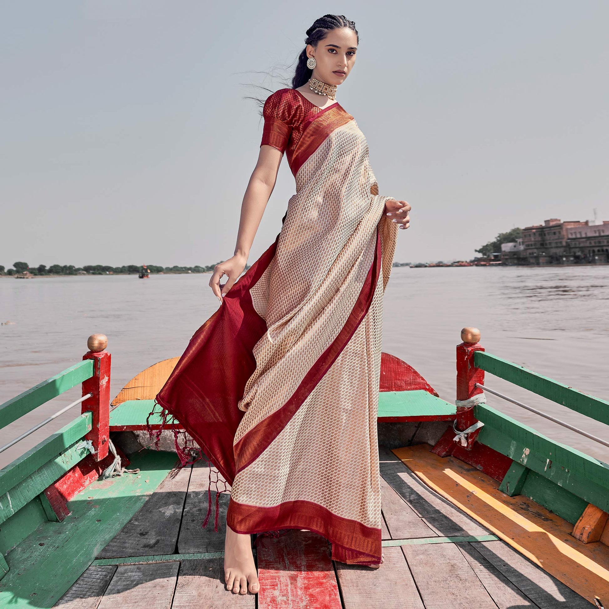 Cream Woven Art Silk Saree