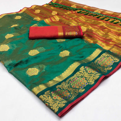 Dark Green Floral Woven Organza Saree With Tassels