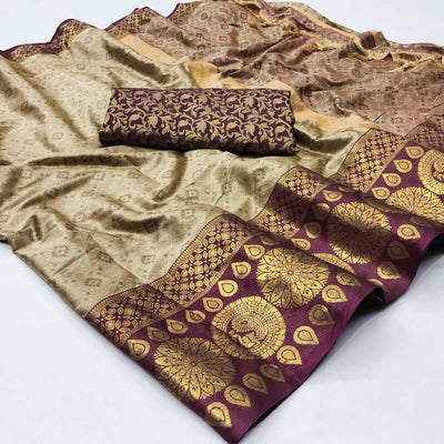 Chikoo Woven Cotton Silk Saree With Tassels