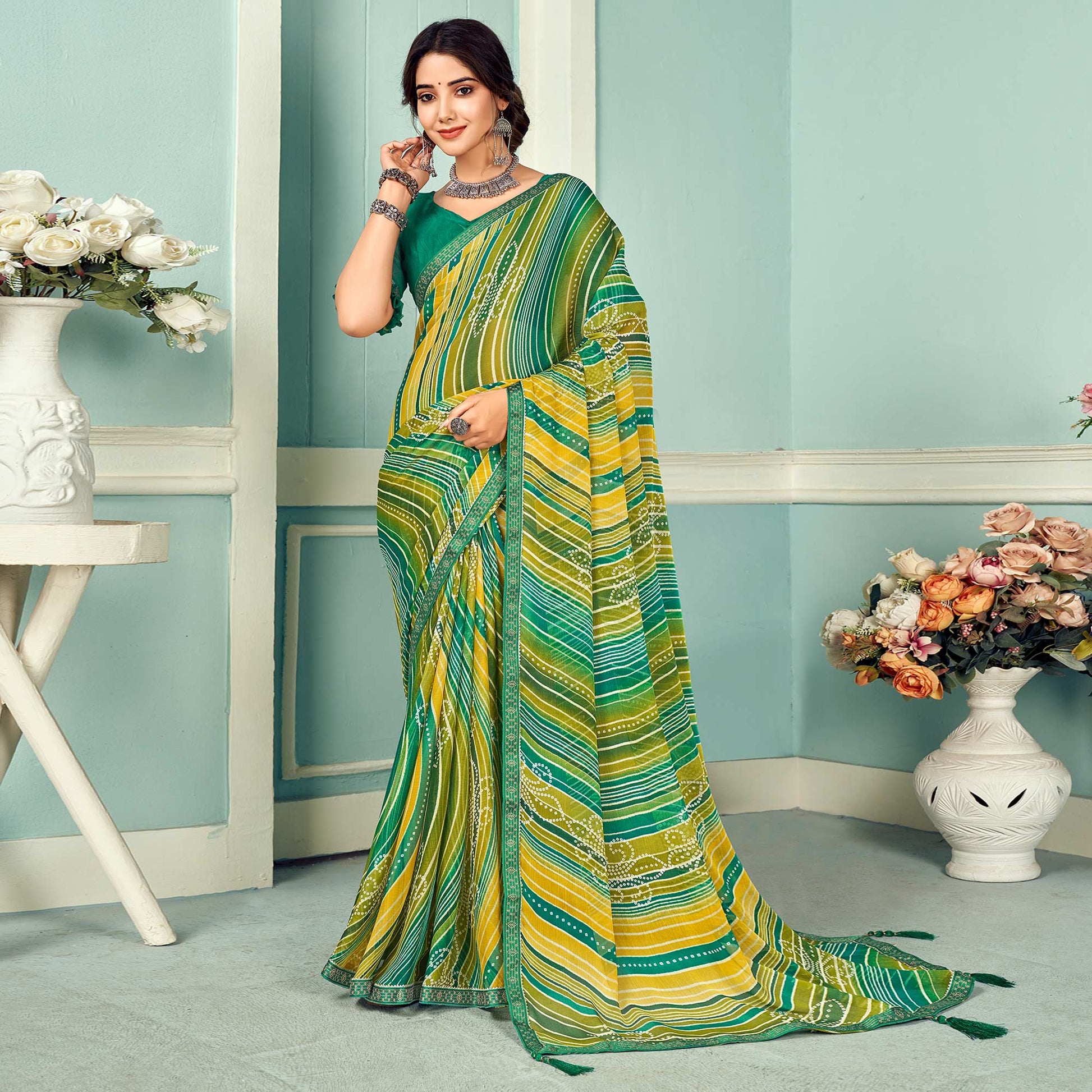 green-yellow-digital-bandhani-printed-chiffon-saree-with-tassels