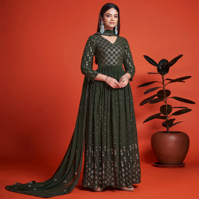 Mehendi Green Sequins Embroidered Georgette Gown With Dupatta