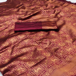 Maroon Woven Jacquard Saree With Tassels