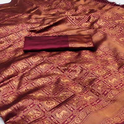 Maroon Woven Jacquard Saree With Tassels
