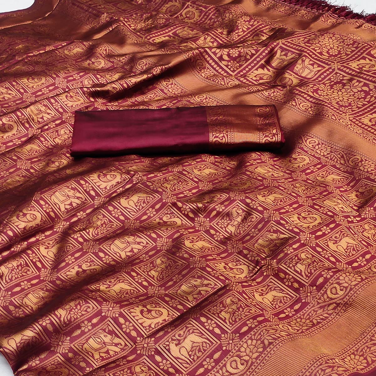 Maroon Woven Jacquard Saree With Tassels
