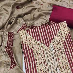 Maroon Printed With Sequins Embroidered Pure Cotton Dress Material