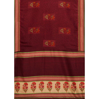Dark Maroon Printed With Embroidery Tussar Silk Saree