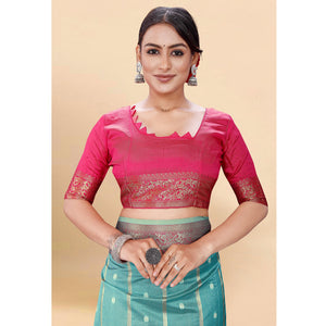 Blue Woven Organza Saree With Tassels