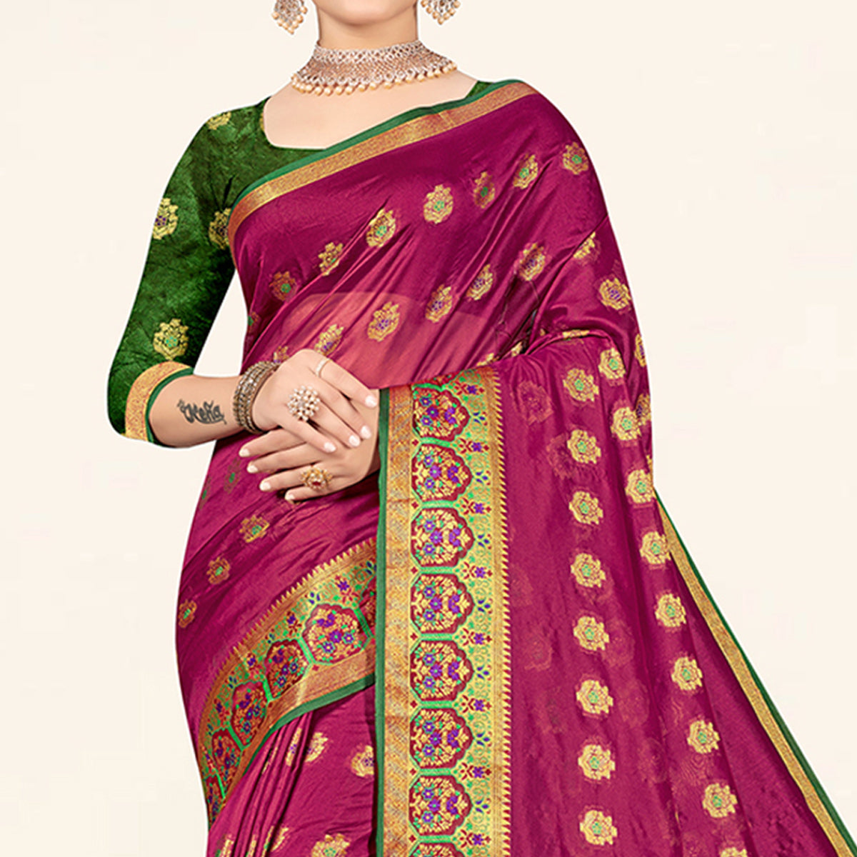 Magenta Pink Woven Organza Saree With Tassels