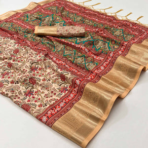 Chikoo Floral Digital Printed Pure Cotton Saree