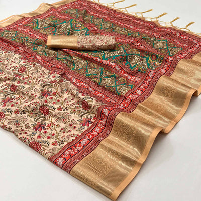 Chikoo Floral Digital Printed Pure Cotton Saree