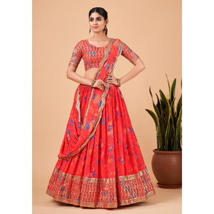 Coral Red Floral Printed And Sequins Work Georgette Lehenga Choli