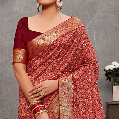 Maroon Printed Tussar Silk Saree