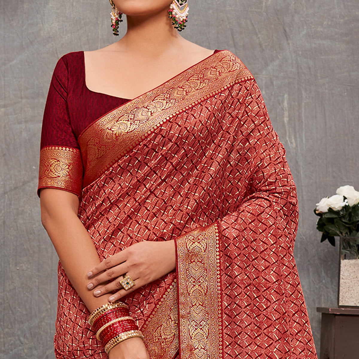 Maroon Printed Tussar Silk Saree