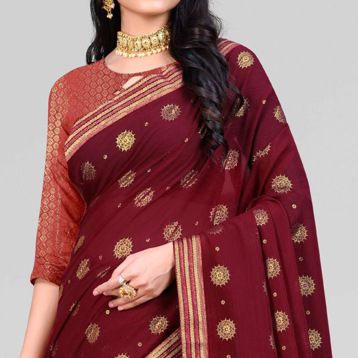 Maroon Woven Chiffon Saree