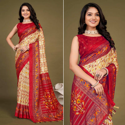 Cream Printed Jute Patola Saree With Tassels