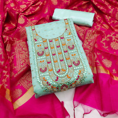 Light Aqua Blue Woven With Handwork Banarasi Silk Dress Material