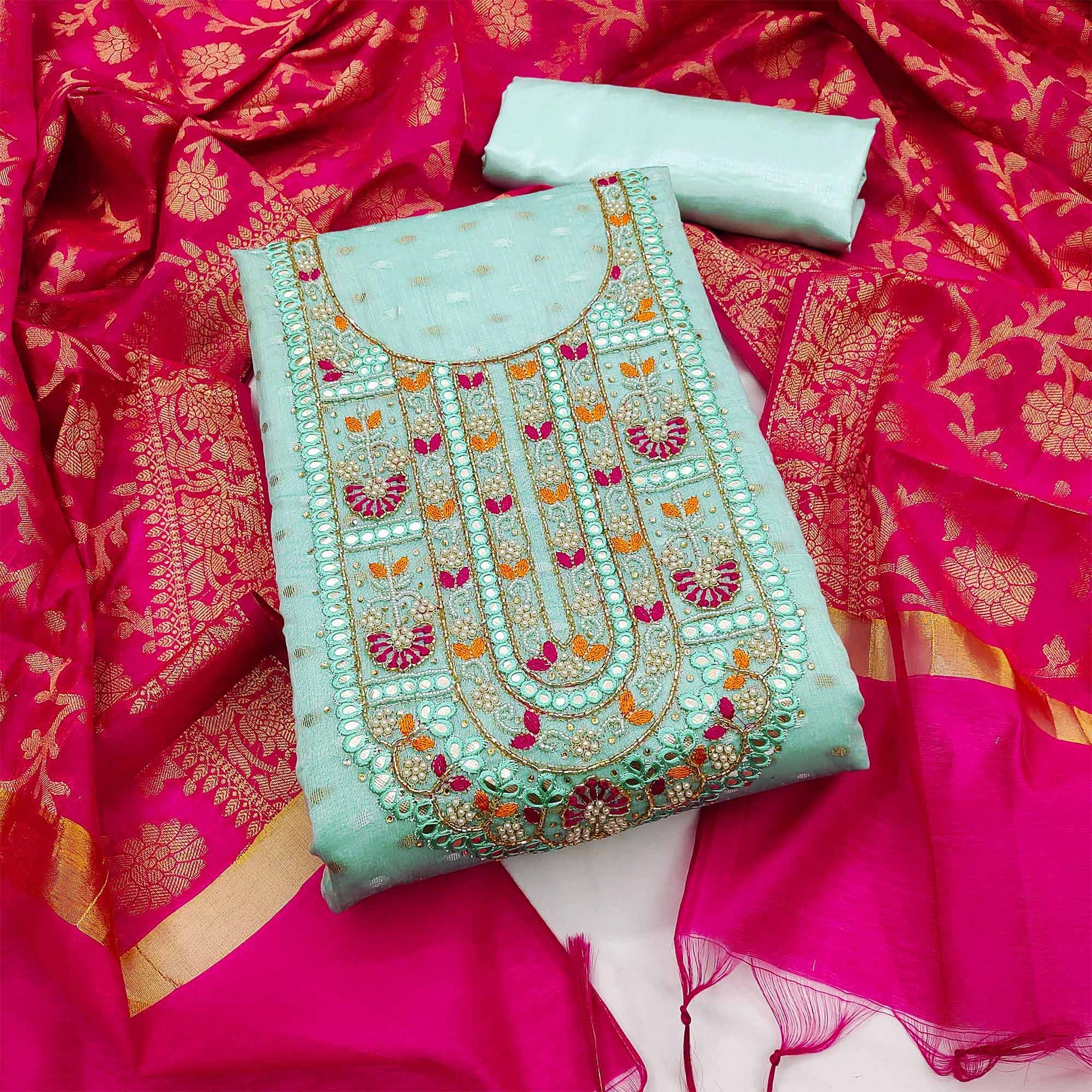 Light Aqua Blue Woven With Handwork Banarasi Silk Dress Material