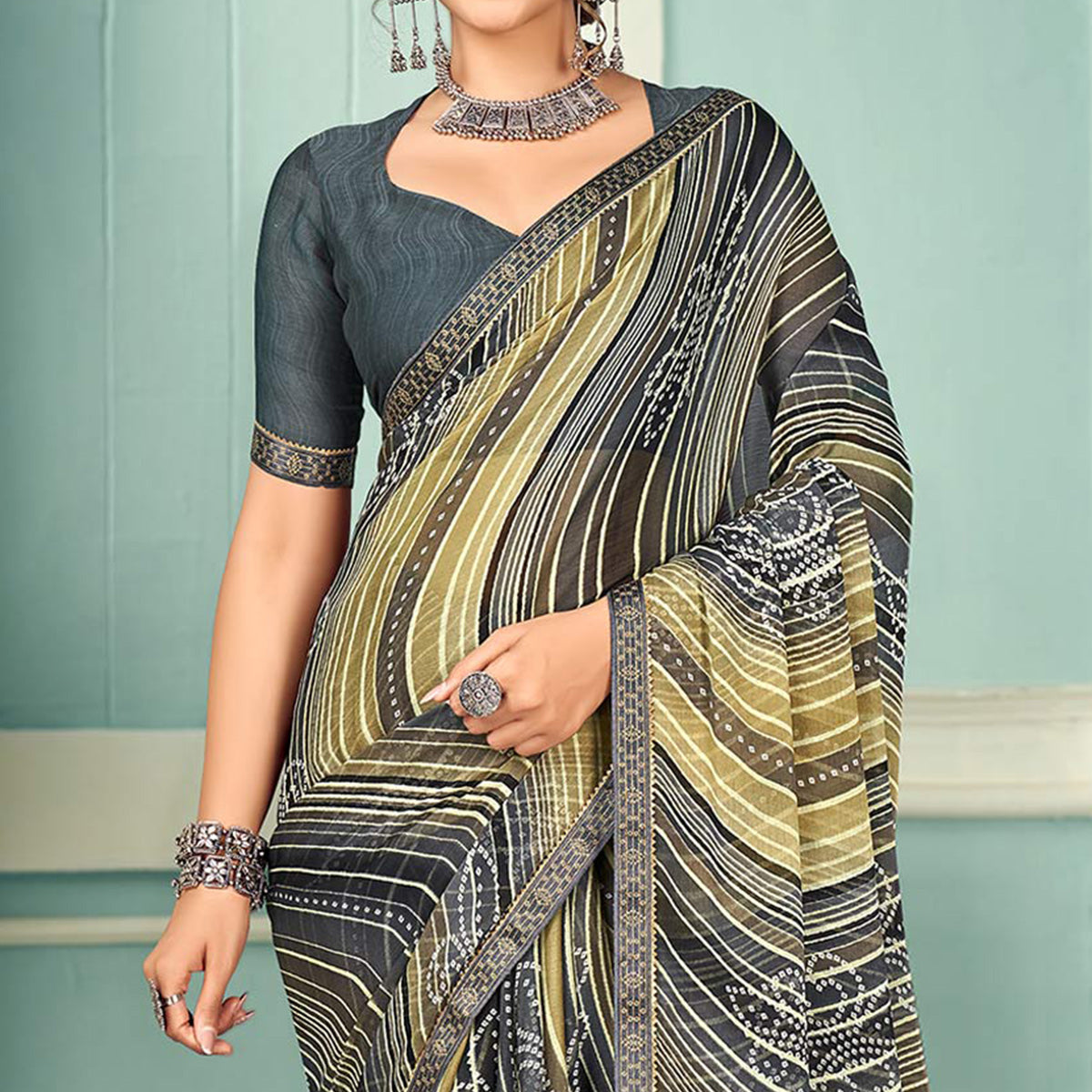 grey-digital-bandhani-printed-chiffon-saree-with-tassels