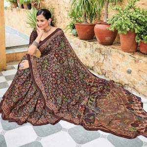 Brown Floral Printed Georgette Saree