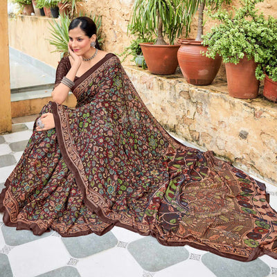 Brown Floral Printed Georgette Saree