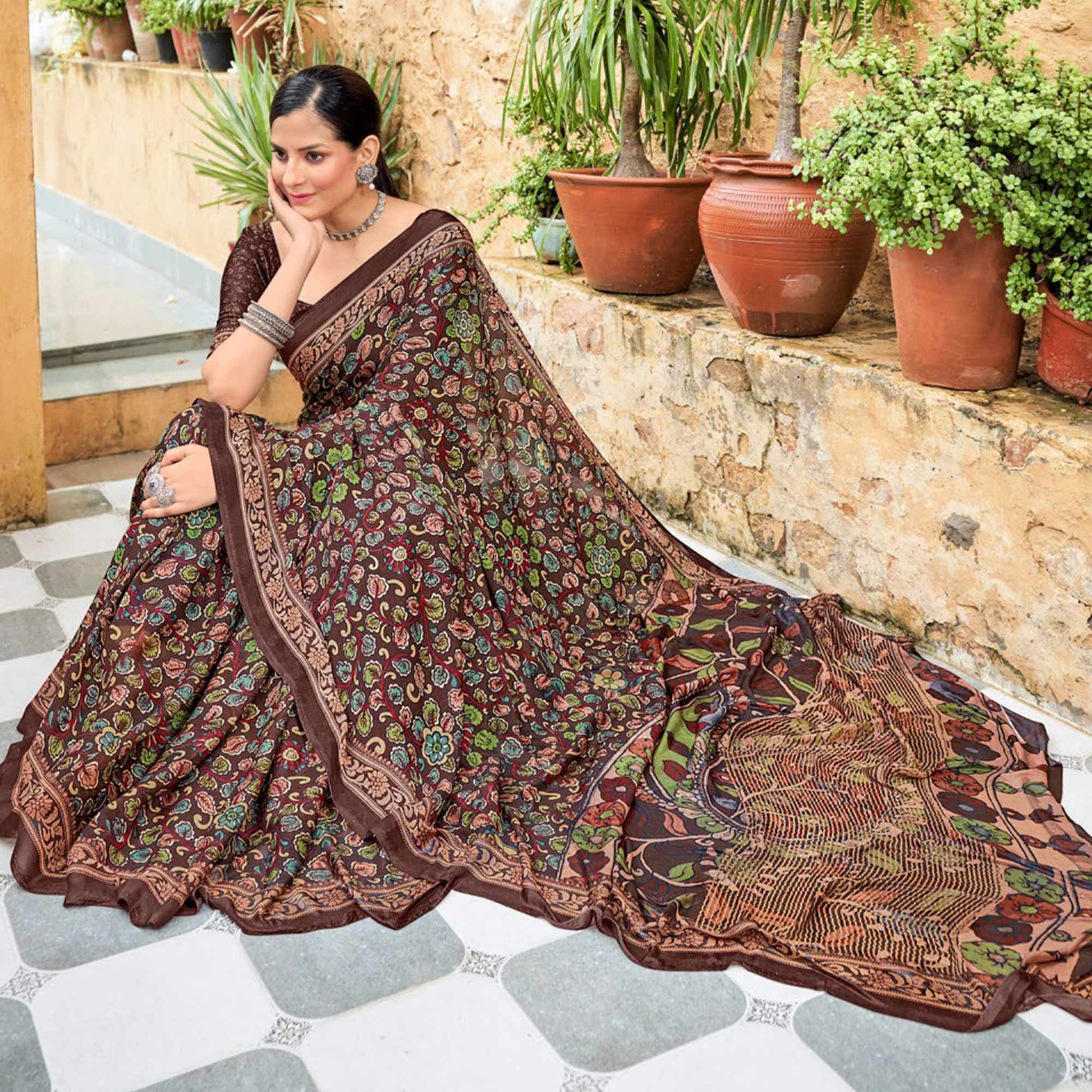 Brown Floral Printed Georgette Saree