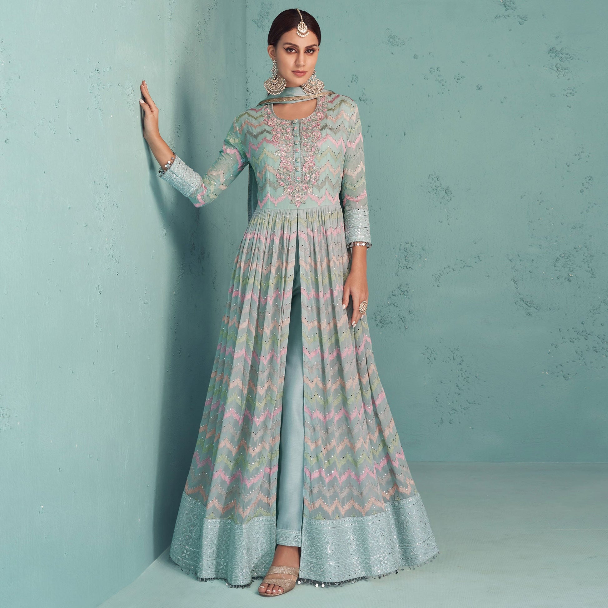 Blue Sequins Floral Embroidered Georgette Suit
