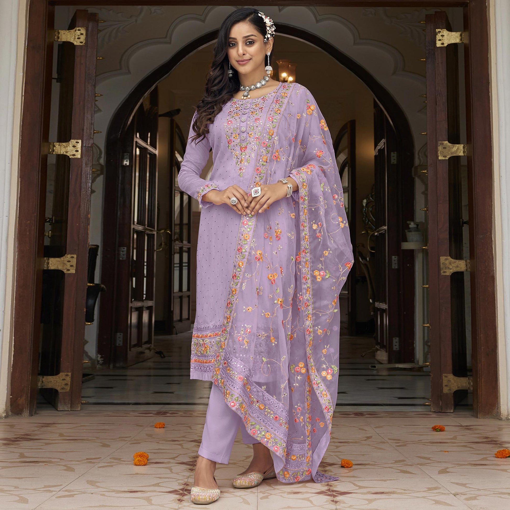 Light Purple Floral Embroidered Georgette Salwar Suit