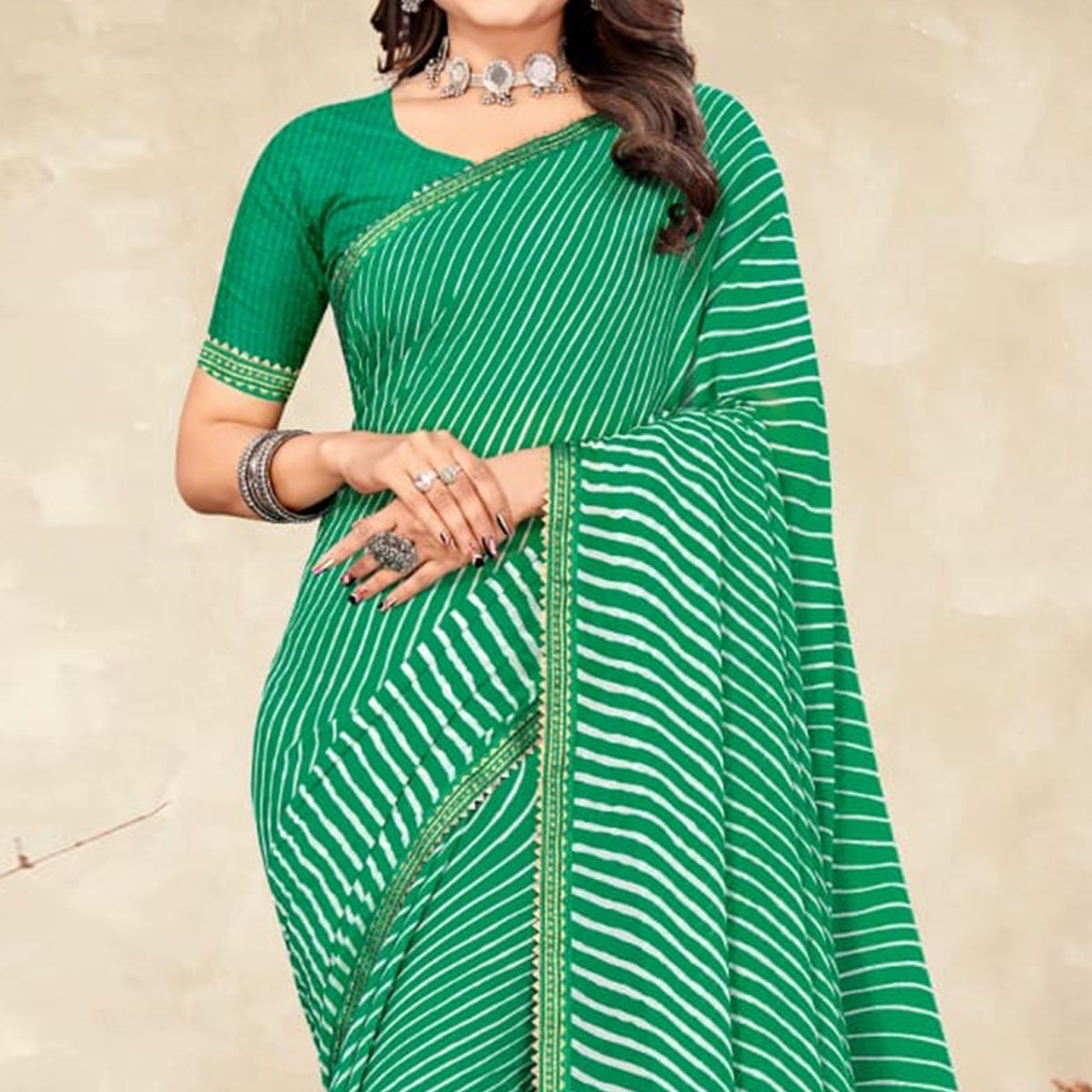 green-striped-printed-chiffon-saree