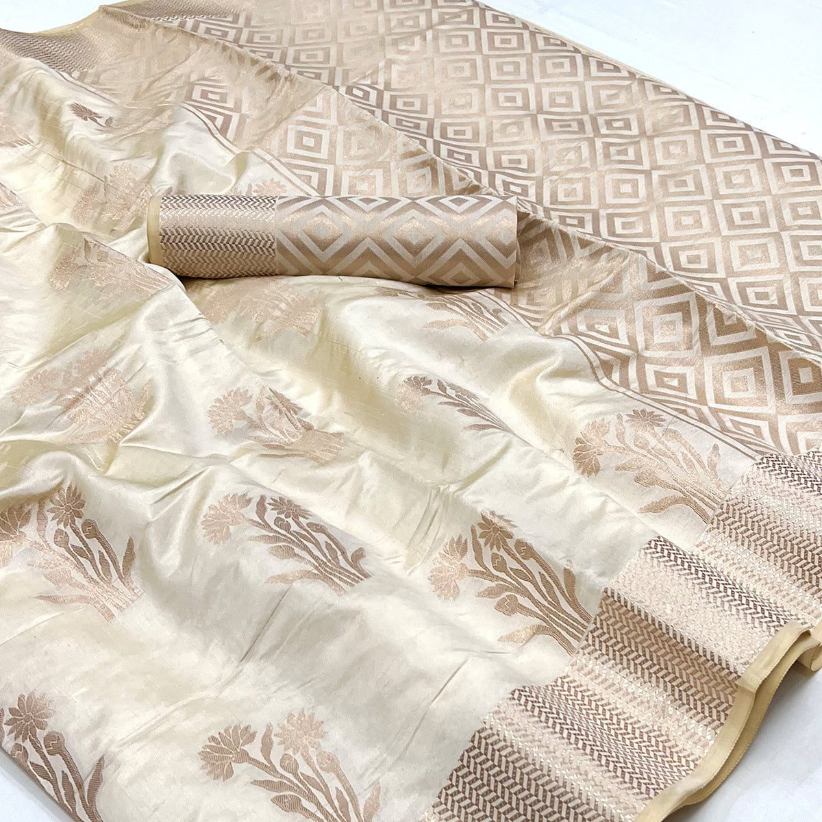 Cream Woven Raw Silk Saree