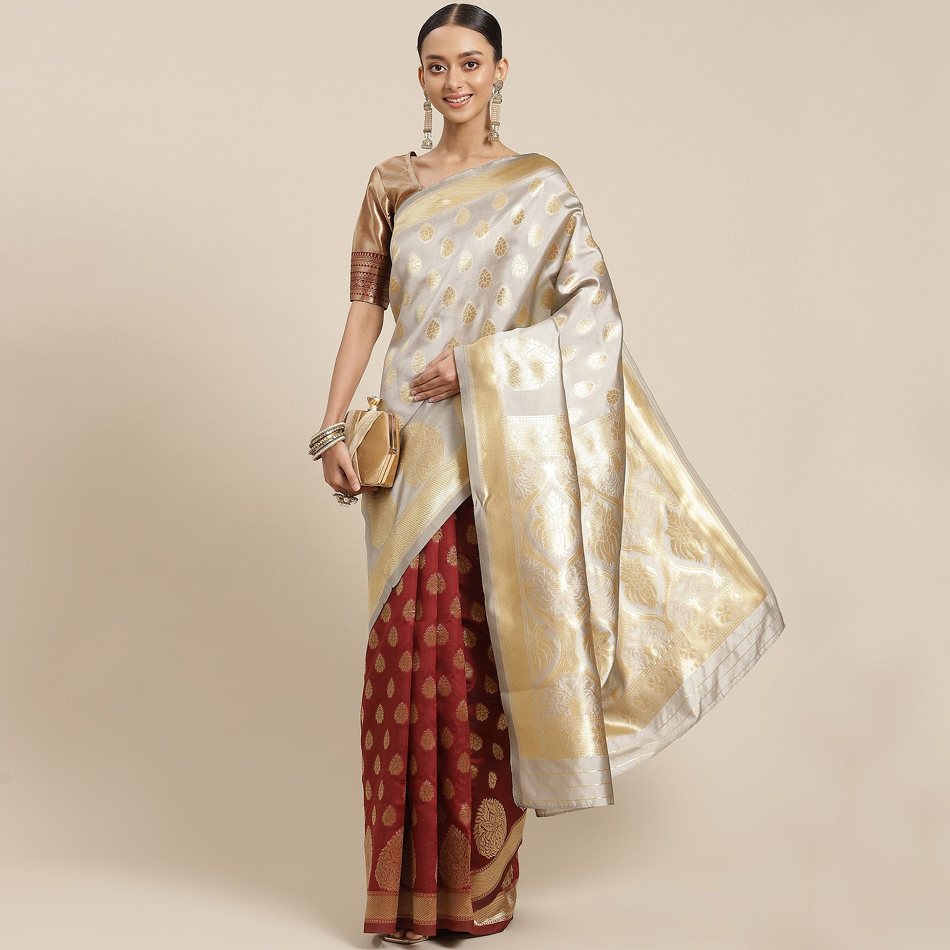Grey-Maroon Woven Banarasi Silk Half & Half Saree