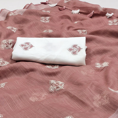 Mauve Floral Embroidered Raw Silk Saree