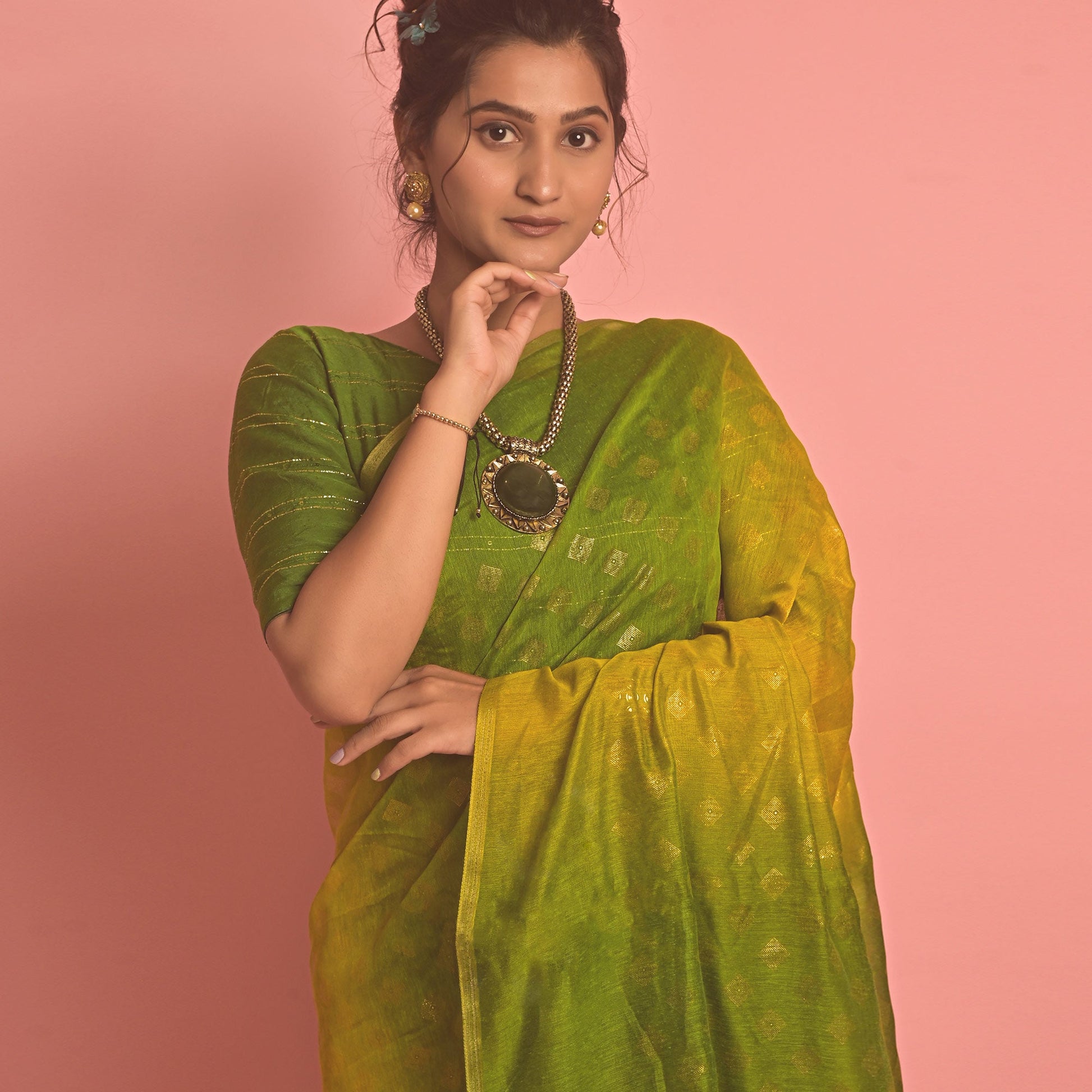 green-olive-foil-printed-poly-cotton-saree