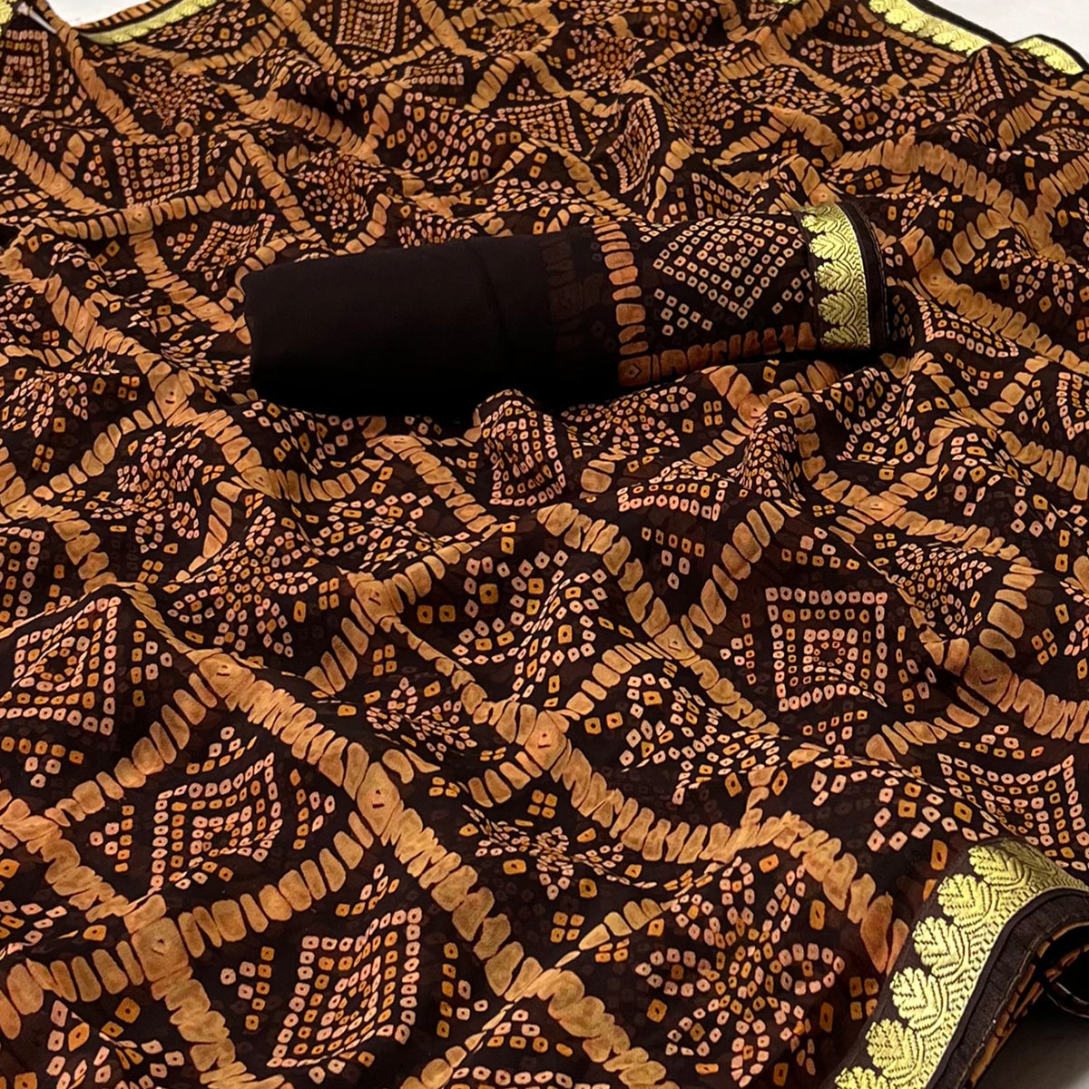 Dark Brown  Bandhani Printed Georgette Saree With Designer Border