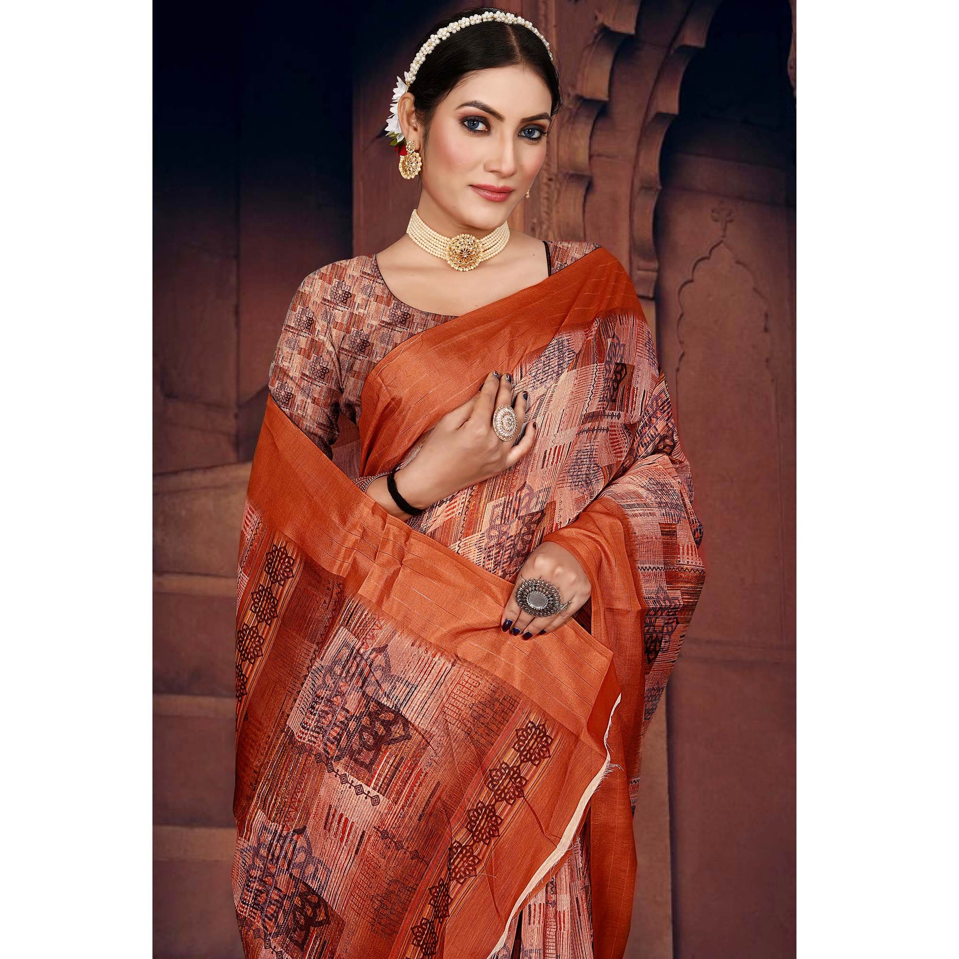 Brown Digital Printed Cotton Blend Saree