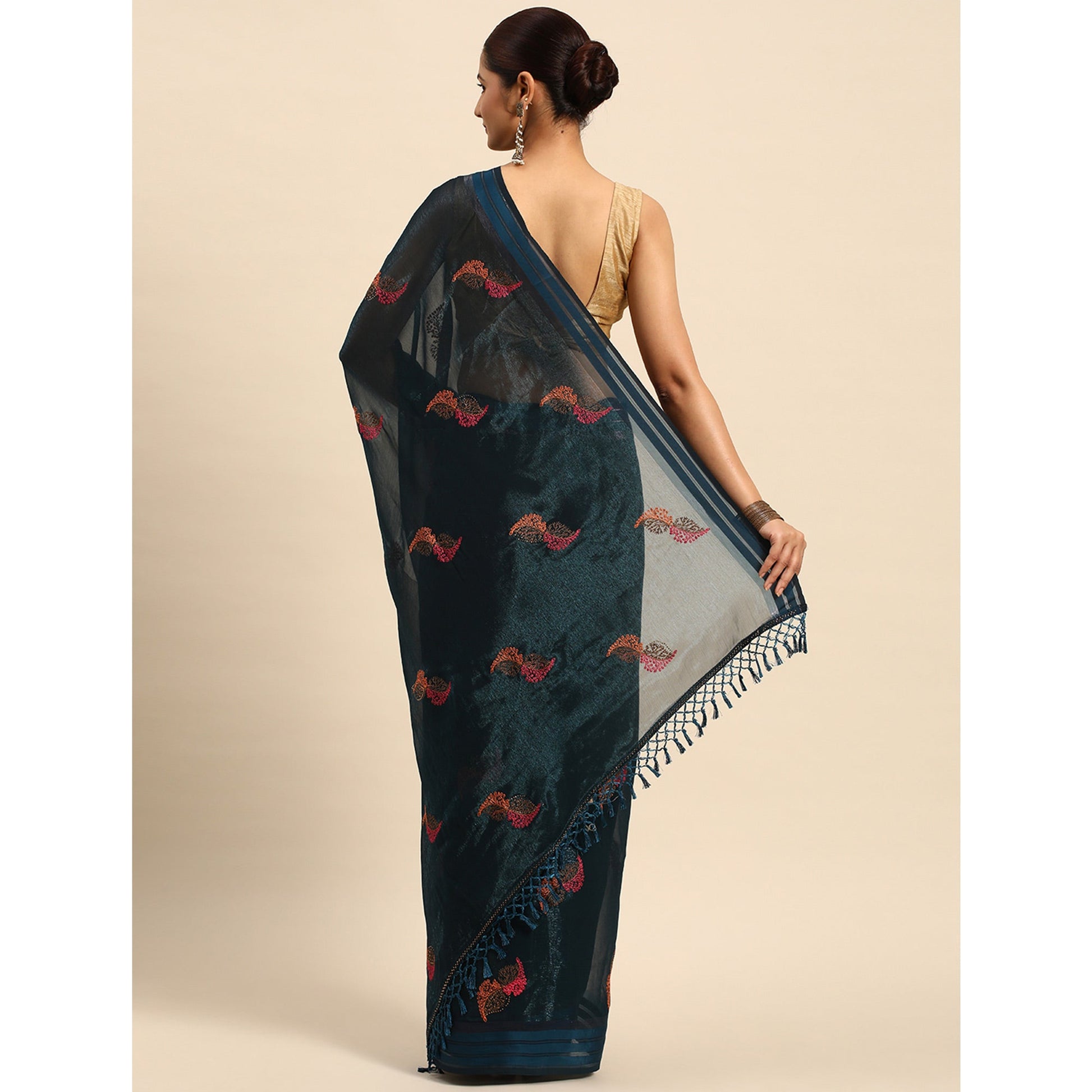 Blue Swarovski With Embroidery Work Chiffon Saree