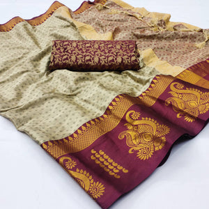 Chikoo Woven Cotton Silk Saree With Tassels