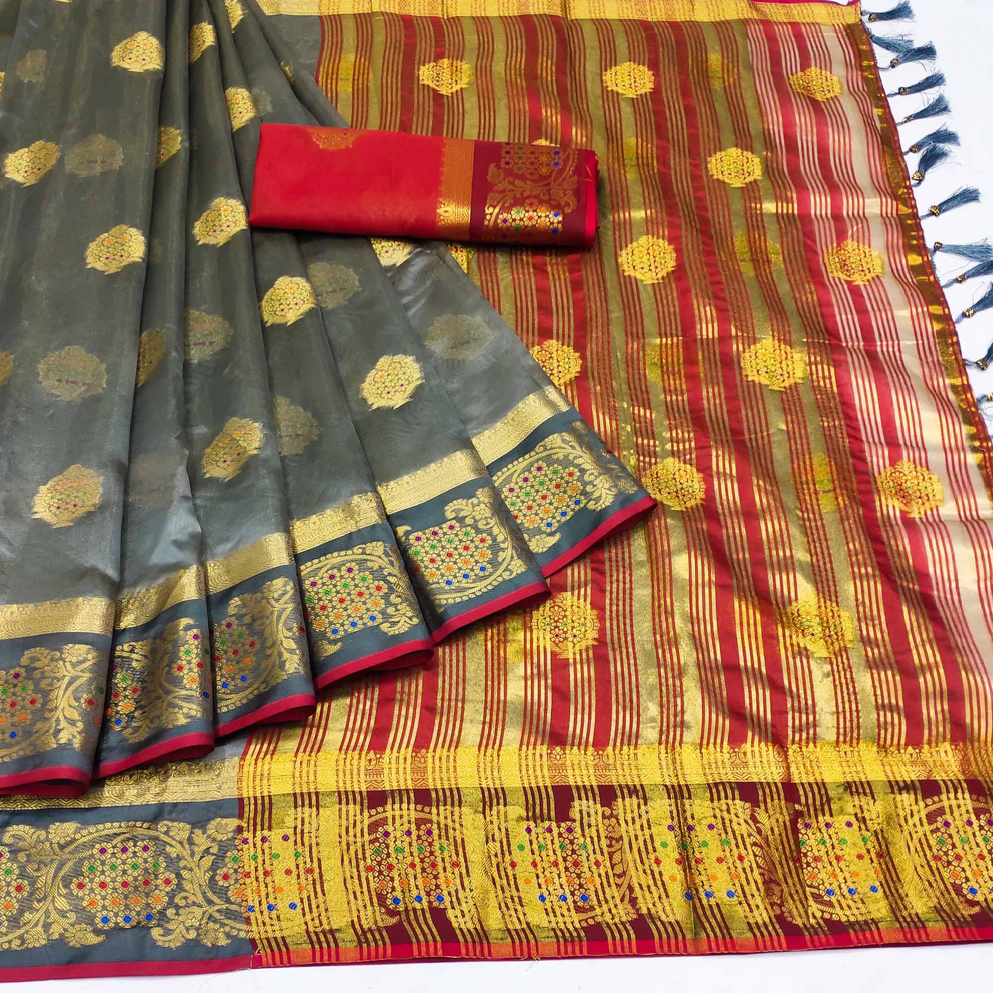 g-grey-floral-woven-organza-saree-with-tassels