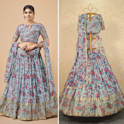 Light Blue Floral Printed And Sequins Work Georgette Lehenga Choli