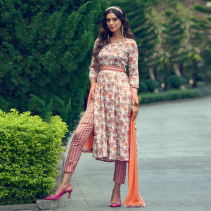 Cream Printed With Mirror Work Rayon Naira Cut Suit