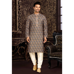 grey-lucknowi-and-digital-printed-cotton-kurta-pyjama-set