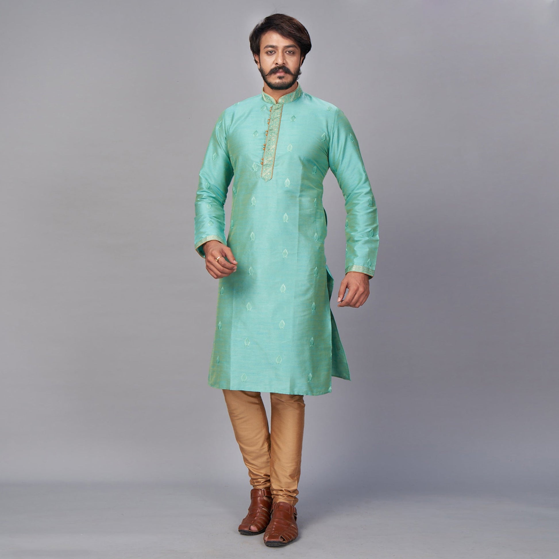 green-embroidered-jacquard-kurta-pyjama-set