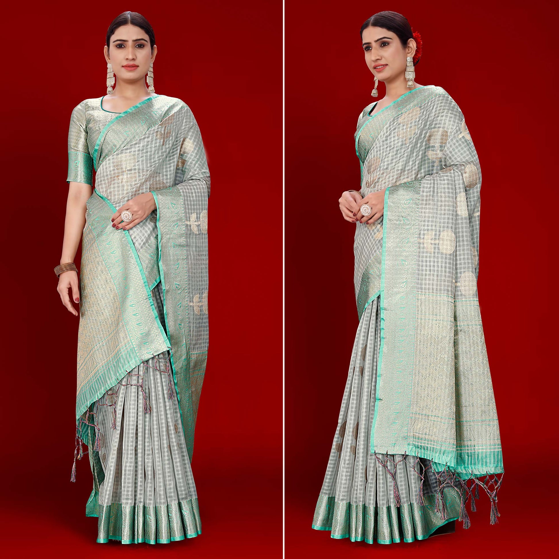 grey-floral-woven-organza-saree-with-tassels