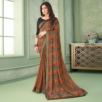 Multicolor Digital Printed Chiffon Saree With Lace Border