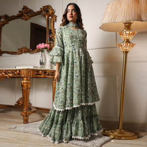 green-printed-georgette-sharara-suit-with-crosia-border
