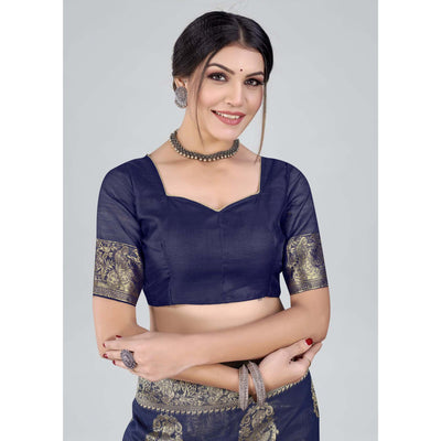 Blue Woven Organza Saree With Tassels