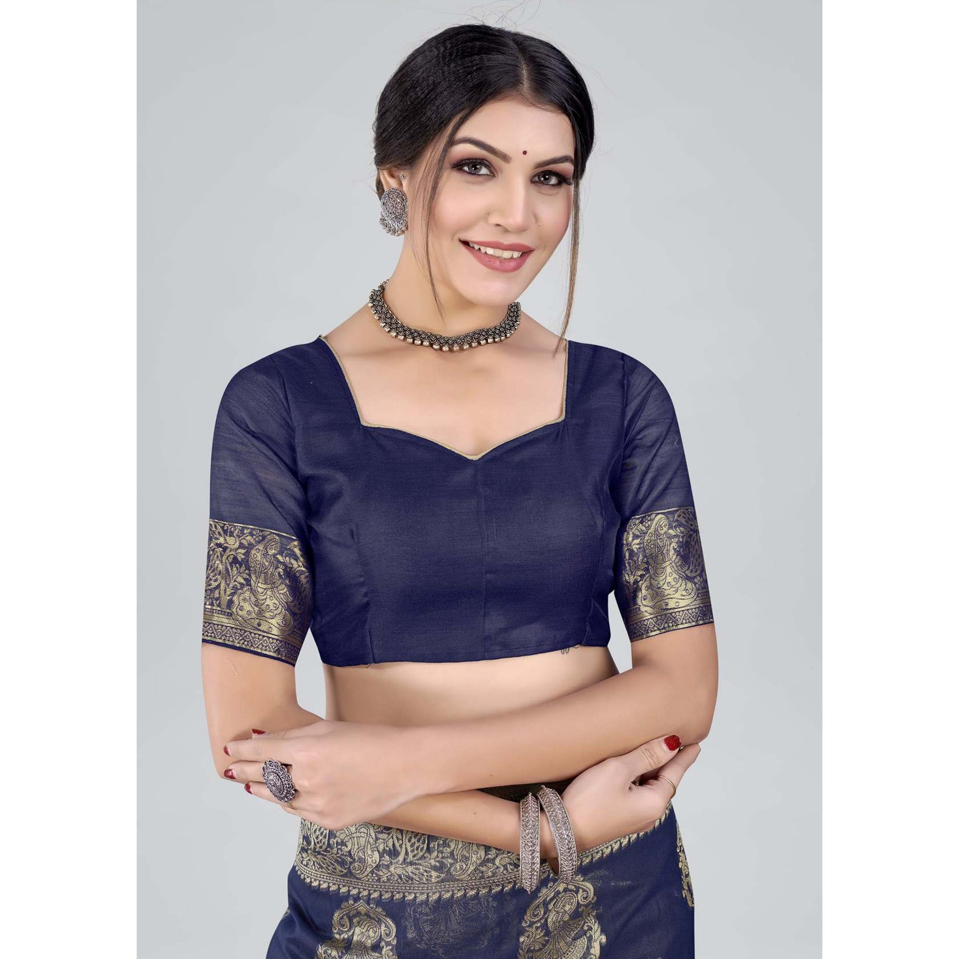 Blue Woven Organza Saree With Tassels