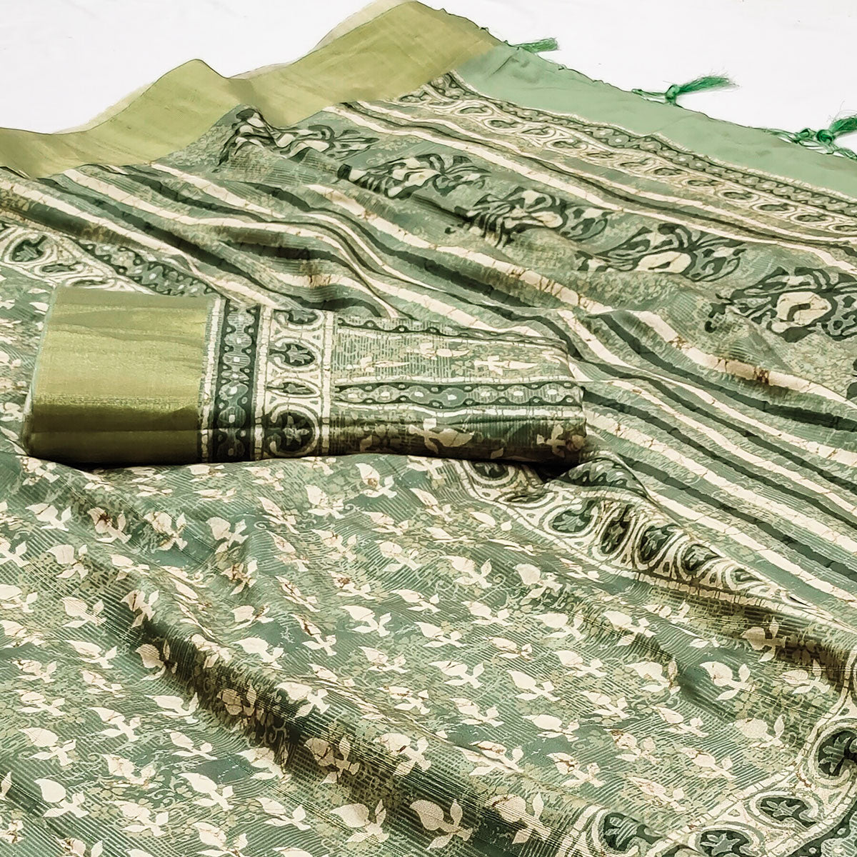green-floral-digital-printed-matka-tussar-silk-saree-with-tassels