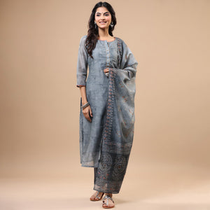 Grey Printed With Sequins Work Chanderi Salwar Suit